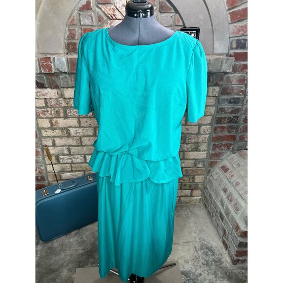 blouson dress peplum green vintage 1980s - Picture 1 of 9